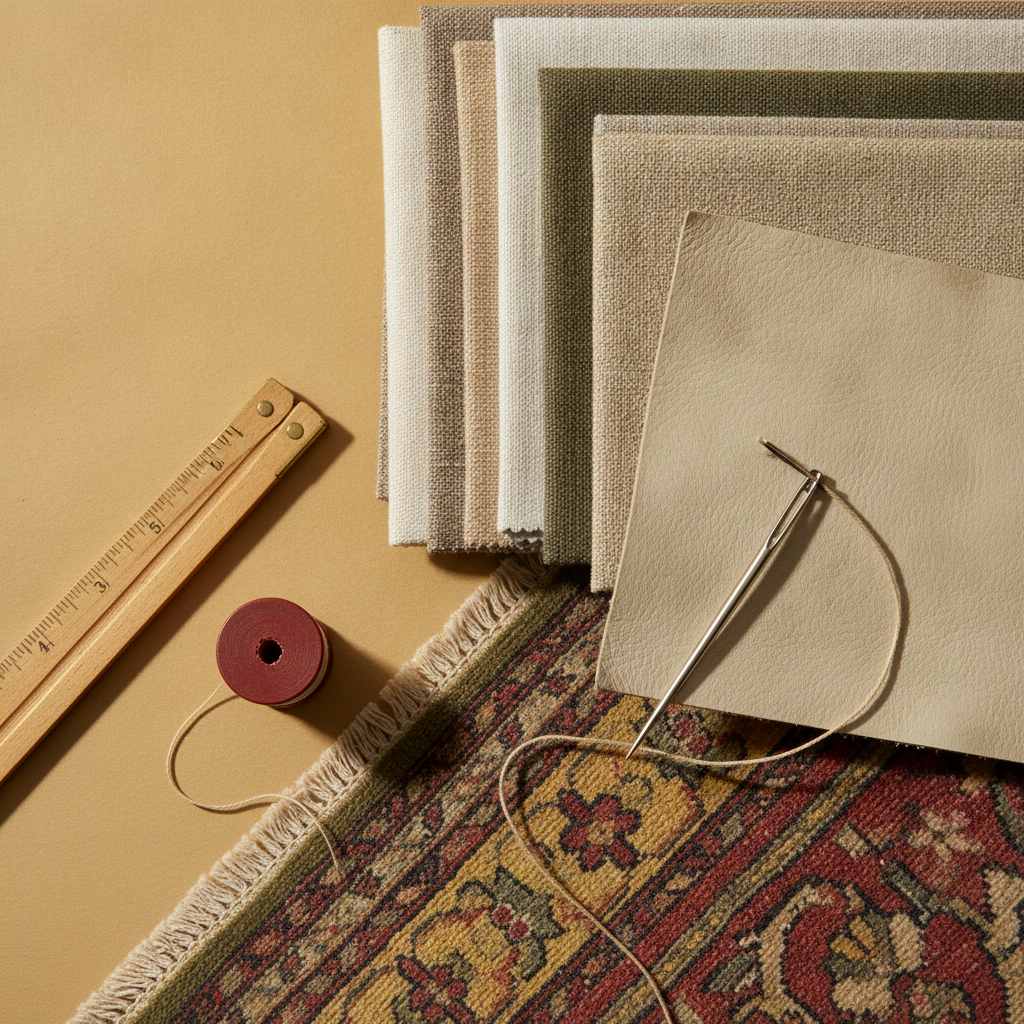 Moodboard: Stoffmuster, Leder, Teppichkante mit Fransen, Polsternadel und Zollstock auf blassgelbem Papier.